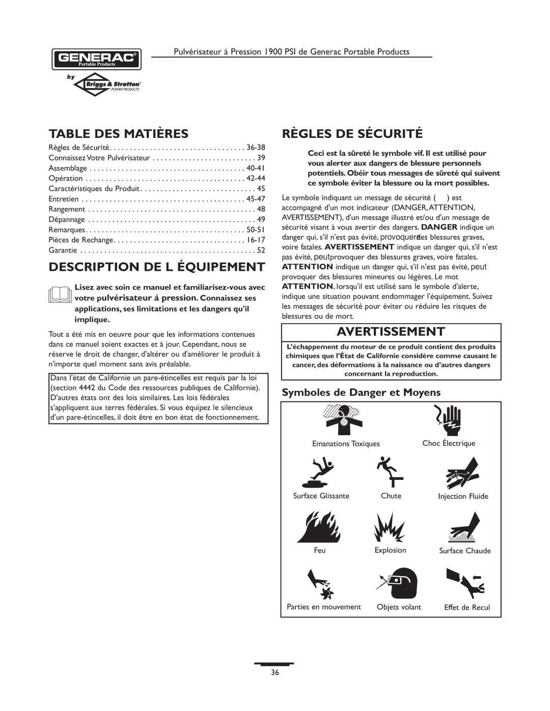 Briggs & Stratton 1900PSI owner manual Table DES Matières, Description DE L Équipement, Règles DE Sécurité, Avertissement 