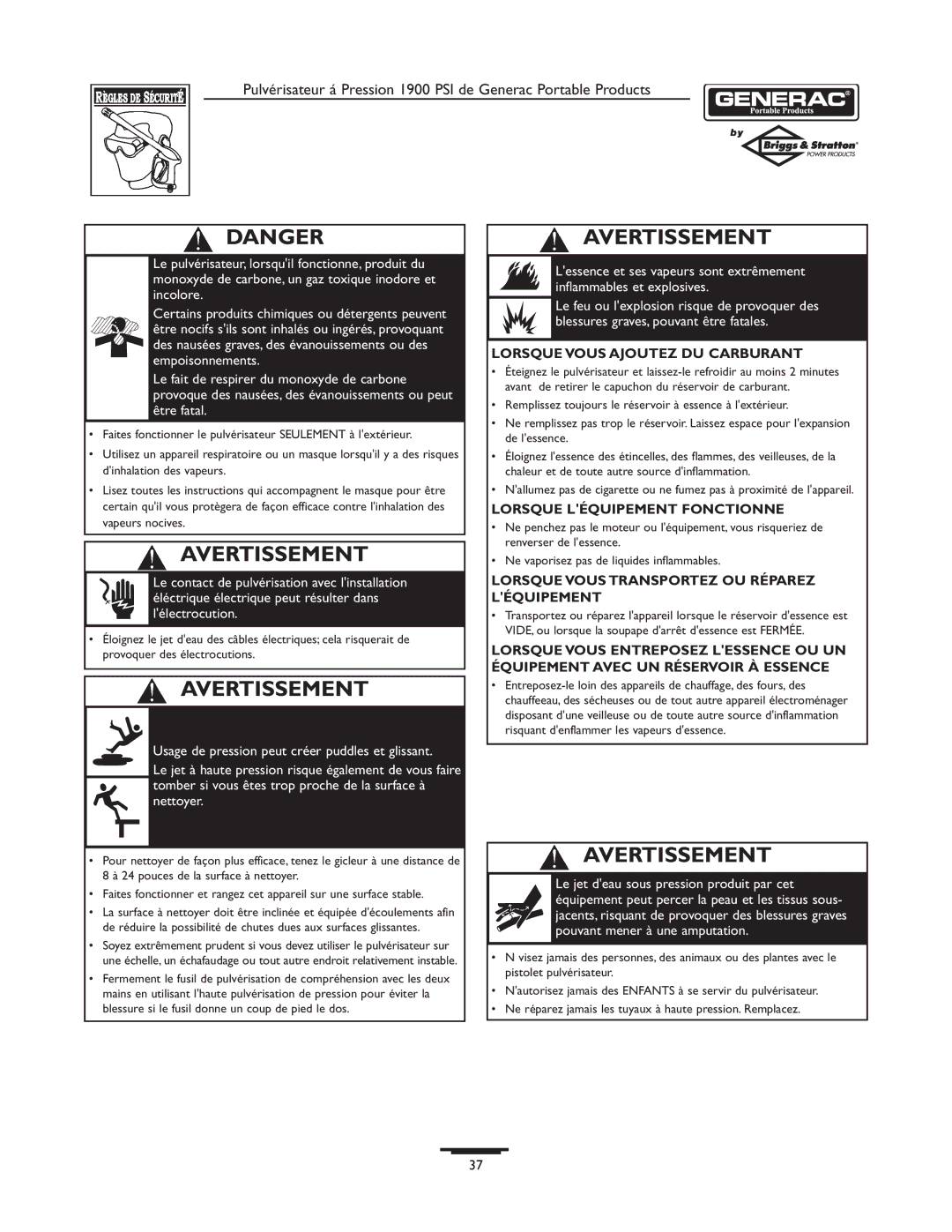 Briggs & Stratton 1900PSI owner manual Lorsque Vous Ajoutez DU Carburant 