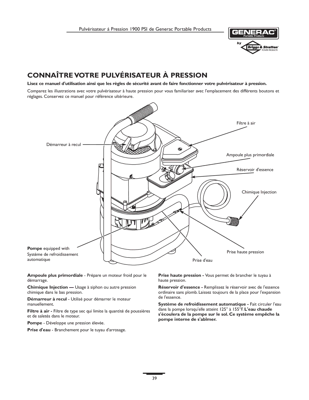 Briggs & Stratton 1900PSI owner manual Connaître Votre Pulvérisateur À Pression 