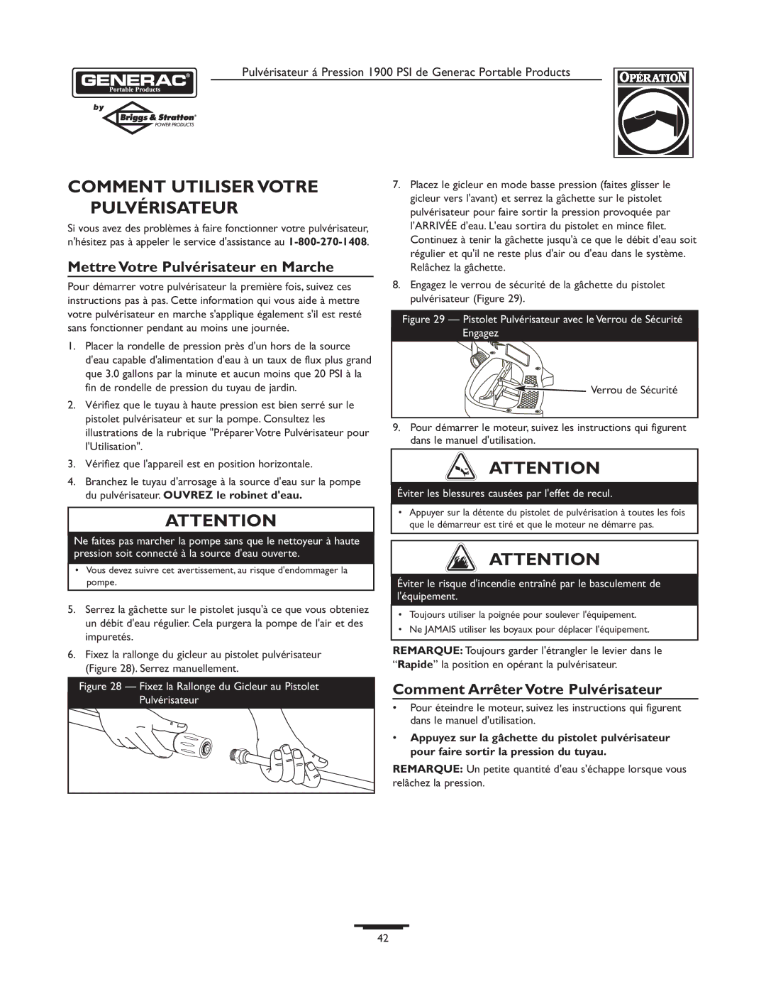 Briggs & Stratton 1900PSI owner manual Comment Utiliser Votre Pulvérisateur, Mettre Votre Pulvérisateur en Marche 