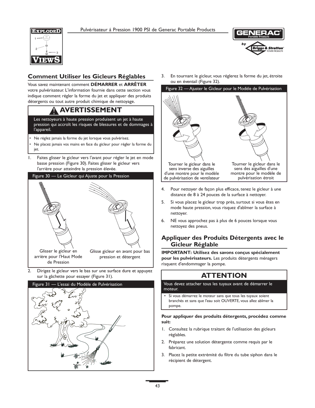 Briggs & Stratton 1900PSI owner manual Comment Utiliser les Gicleurs Réglables 