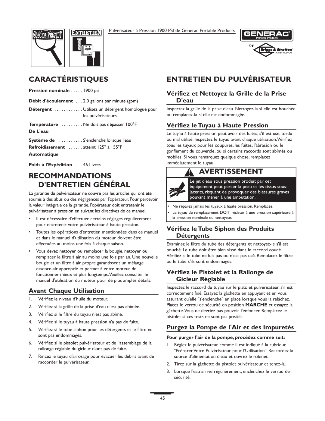 Briggs & Stratton 1900PSI owner manual Caractéristiques, Entretien DU Pulvérisateur, Recommandations Dentretien Général 