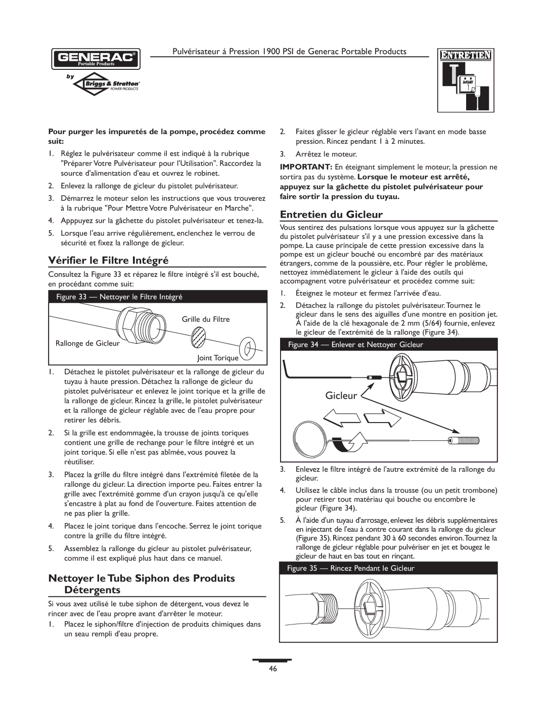 Briggs & Stratton 1900PSI owner manual Vérifier le Filtre Intégré, Entretien du Gicleur 