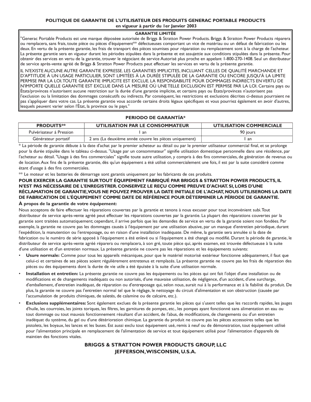 Briggs & Stratton 1900PSI owner manual En vigueur à partir du 1er Janvier, Propos de la garantie de votre équipement 