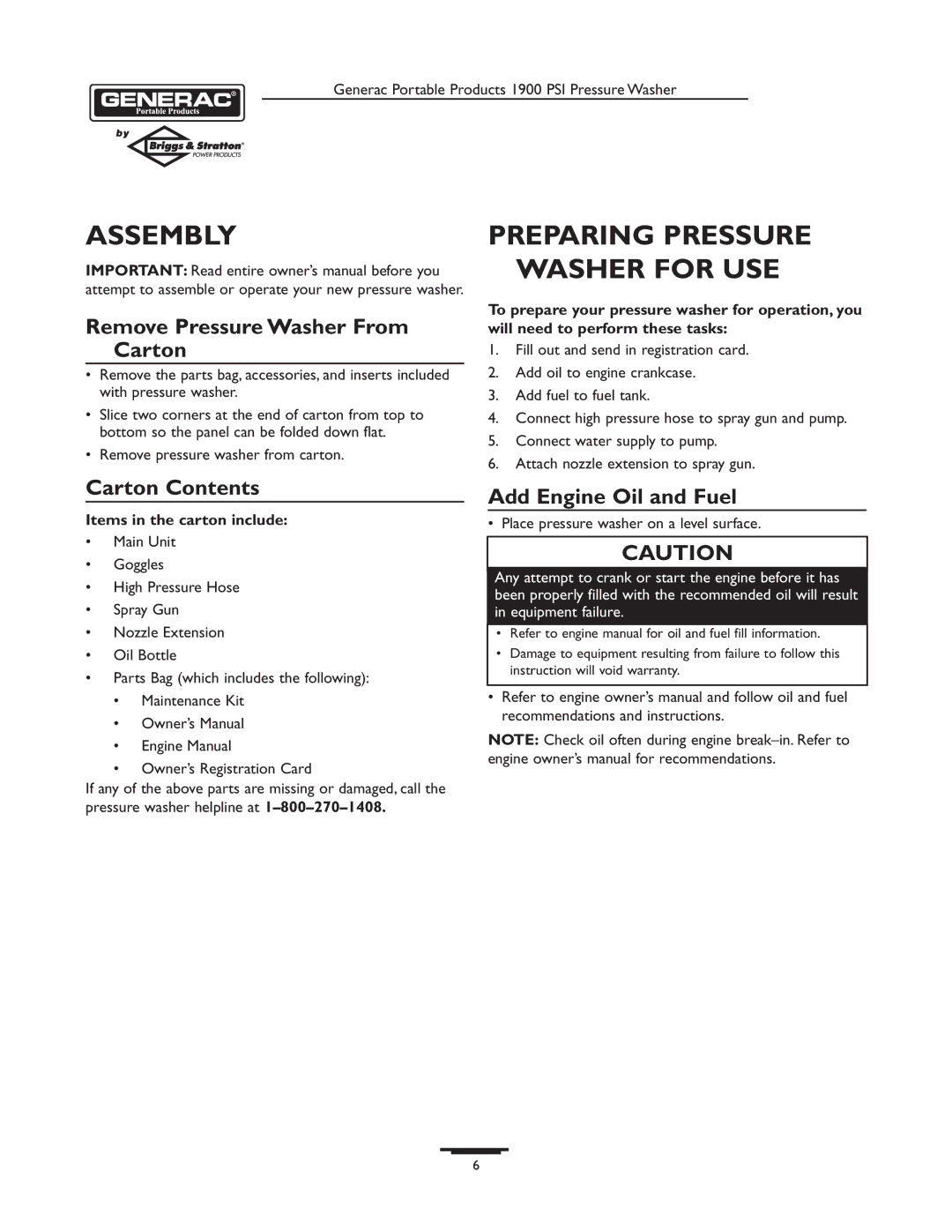 Briggs & Stratton 1900PSI Assembly, Preparing Pressure Washer for USE, Remove Pressure Washer From Carton, Carton Contents 