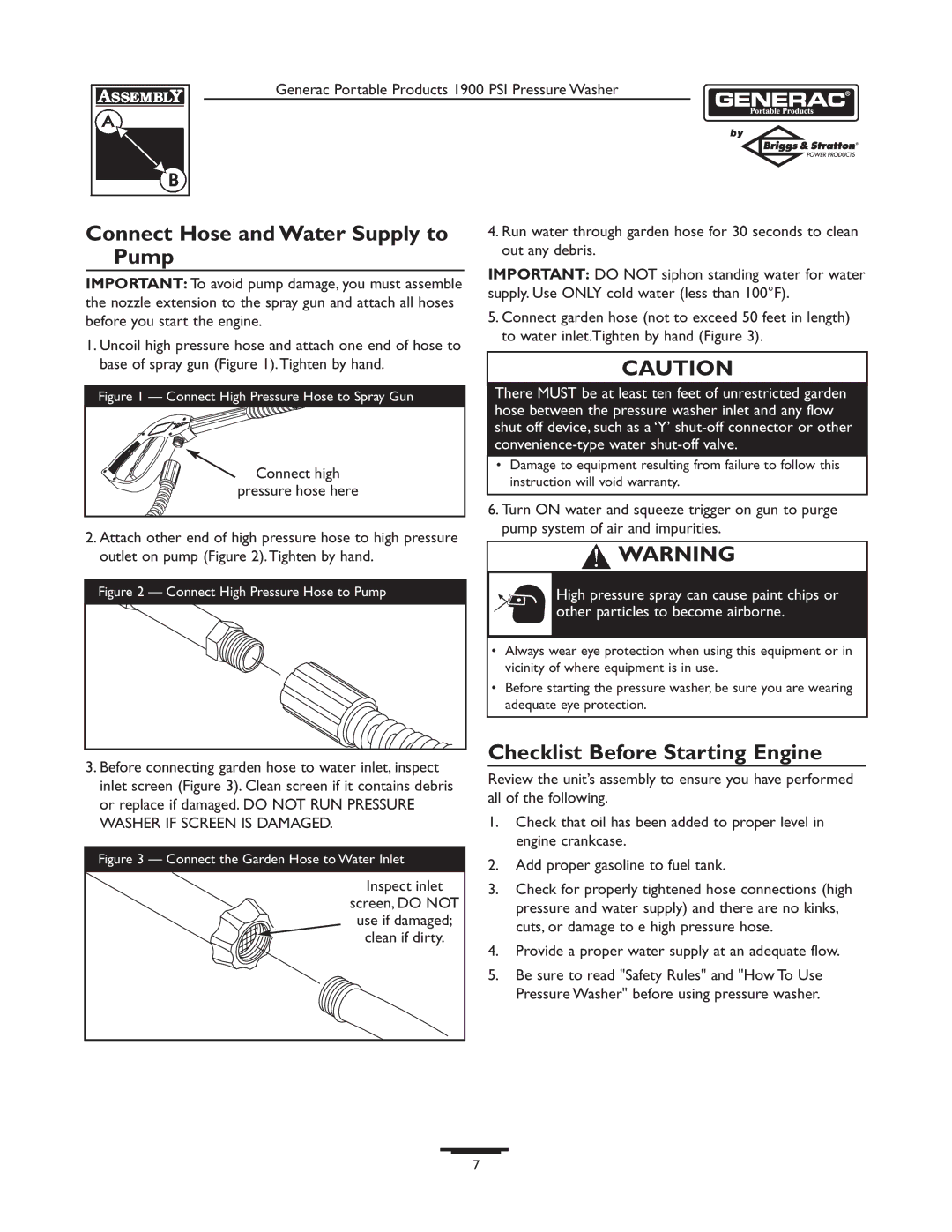 Briggs & Stratton 1900PSI owner manual Connect Hose and Water Supply to Pump, Checklist Before Starting Engine 