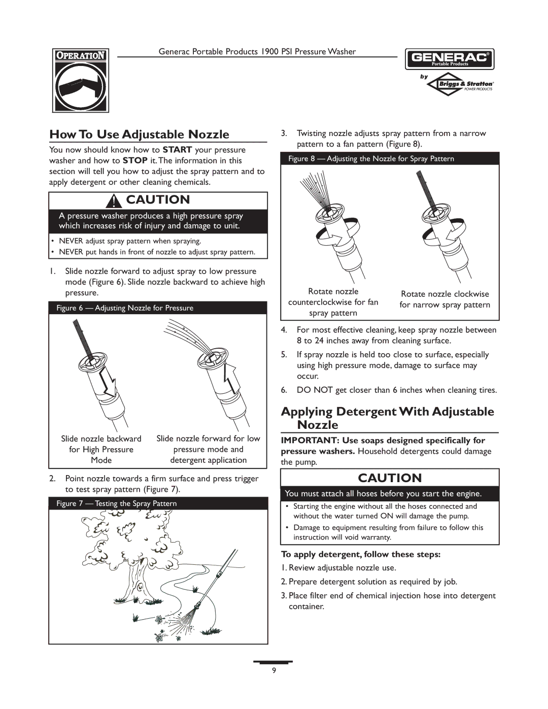 Briggs & Stratton 1900PSI owner manual How To Use Adjustable Nozzle, Applying Detergent With Adjustable Nozzle 