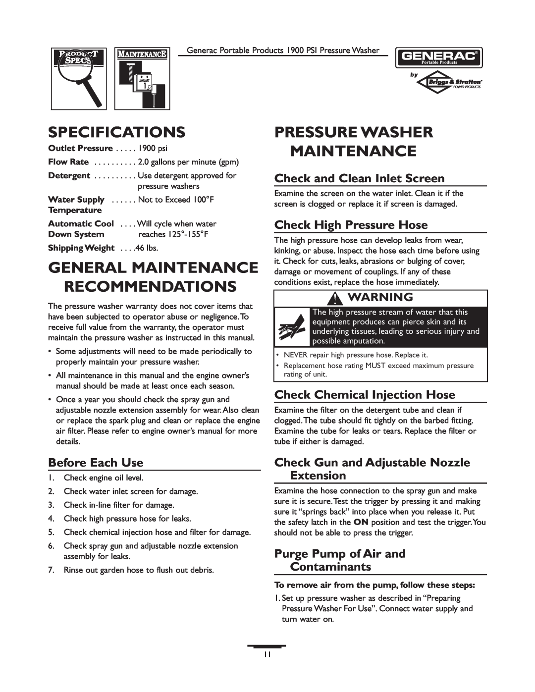 Briggs & Stratton 1900PSI owner manual Specifications, General Maintenance Recommendations, Pressure Washer Maintenance 
