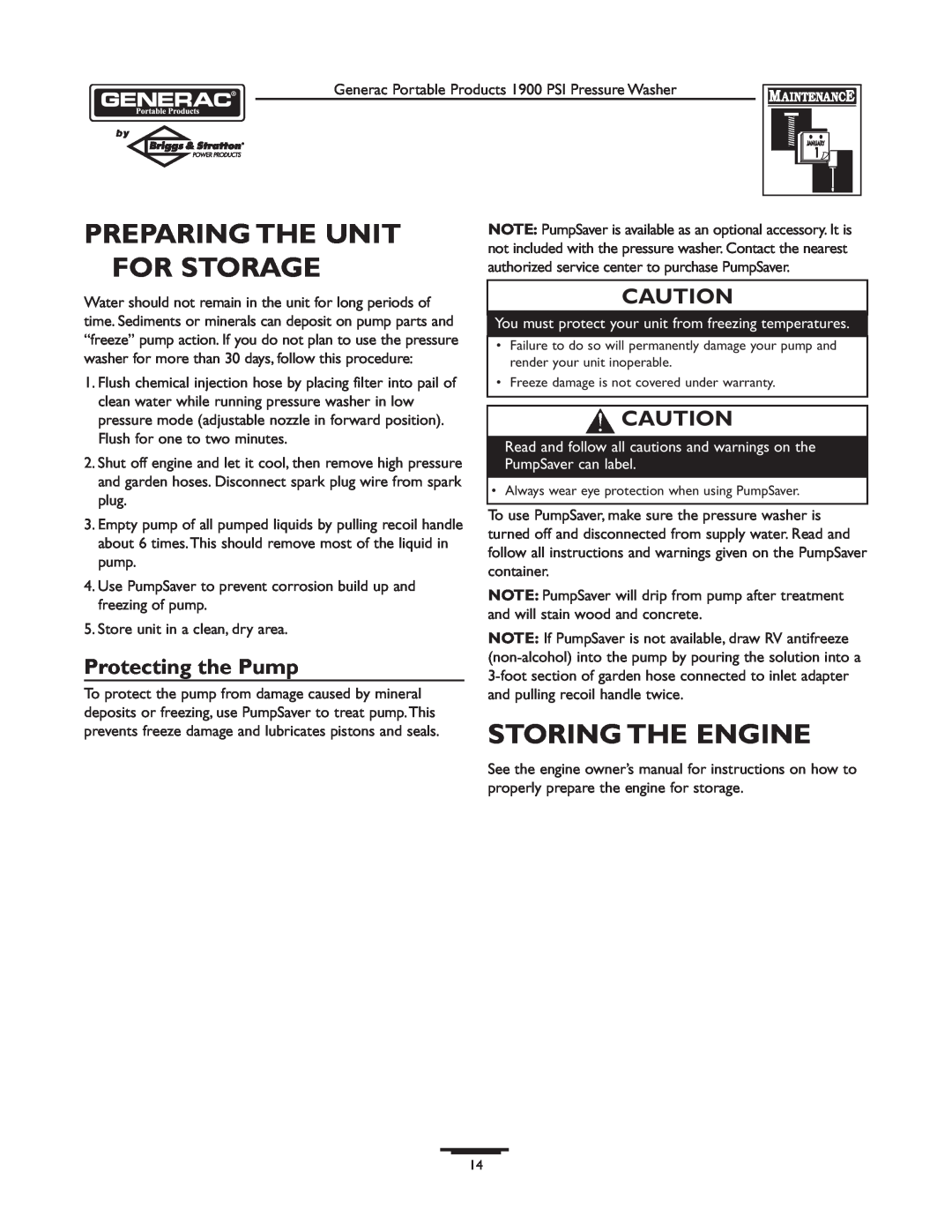 Briggs & Stratton 1900PSI owner manual Preparing The Unit For Storage, Storing The Engine, Protecting the Pump 
