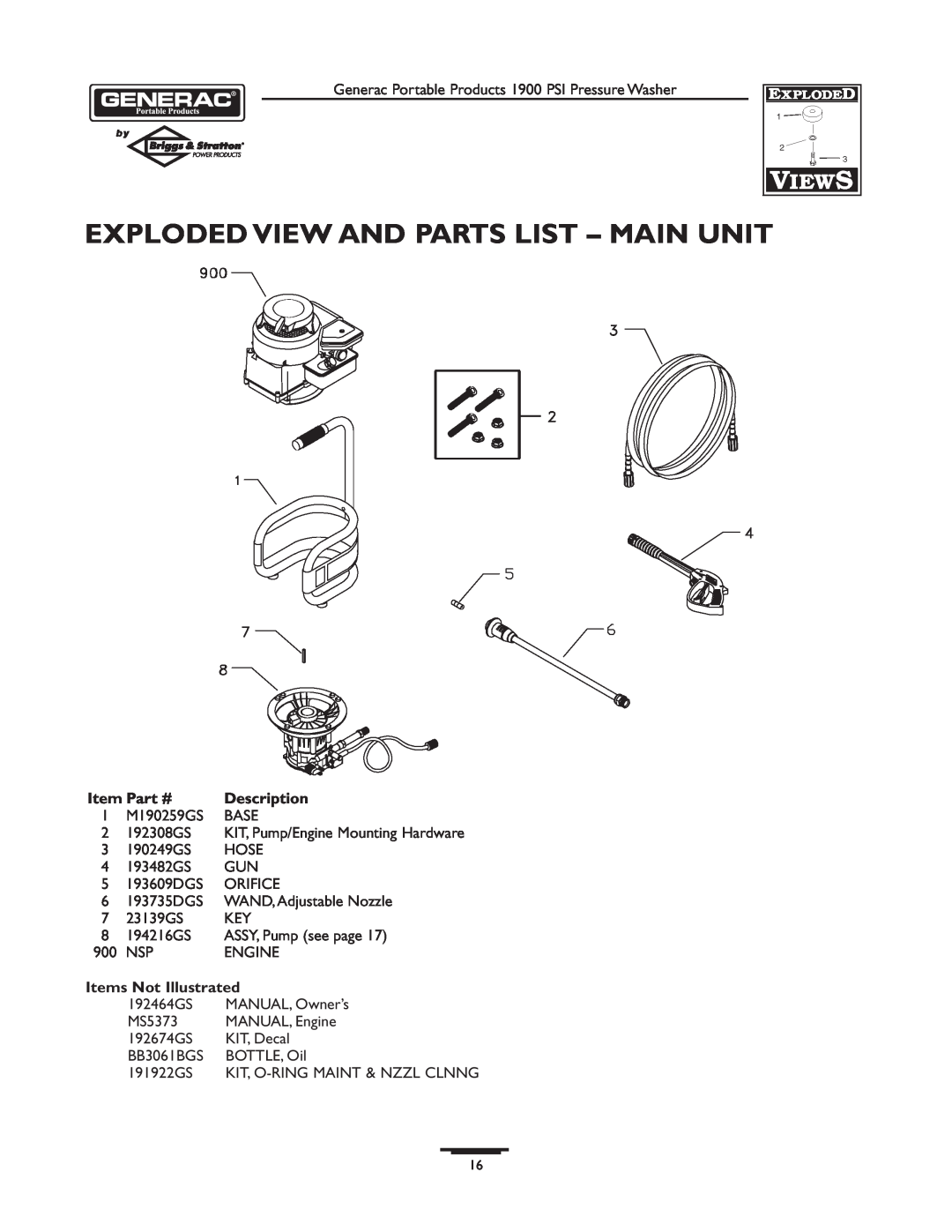 Briggs & Stratton 1900PSI owner manual Exploded View And Parts List - Main Unit, Description, Items Not Illustrated 