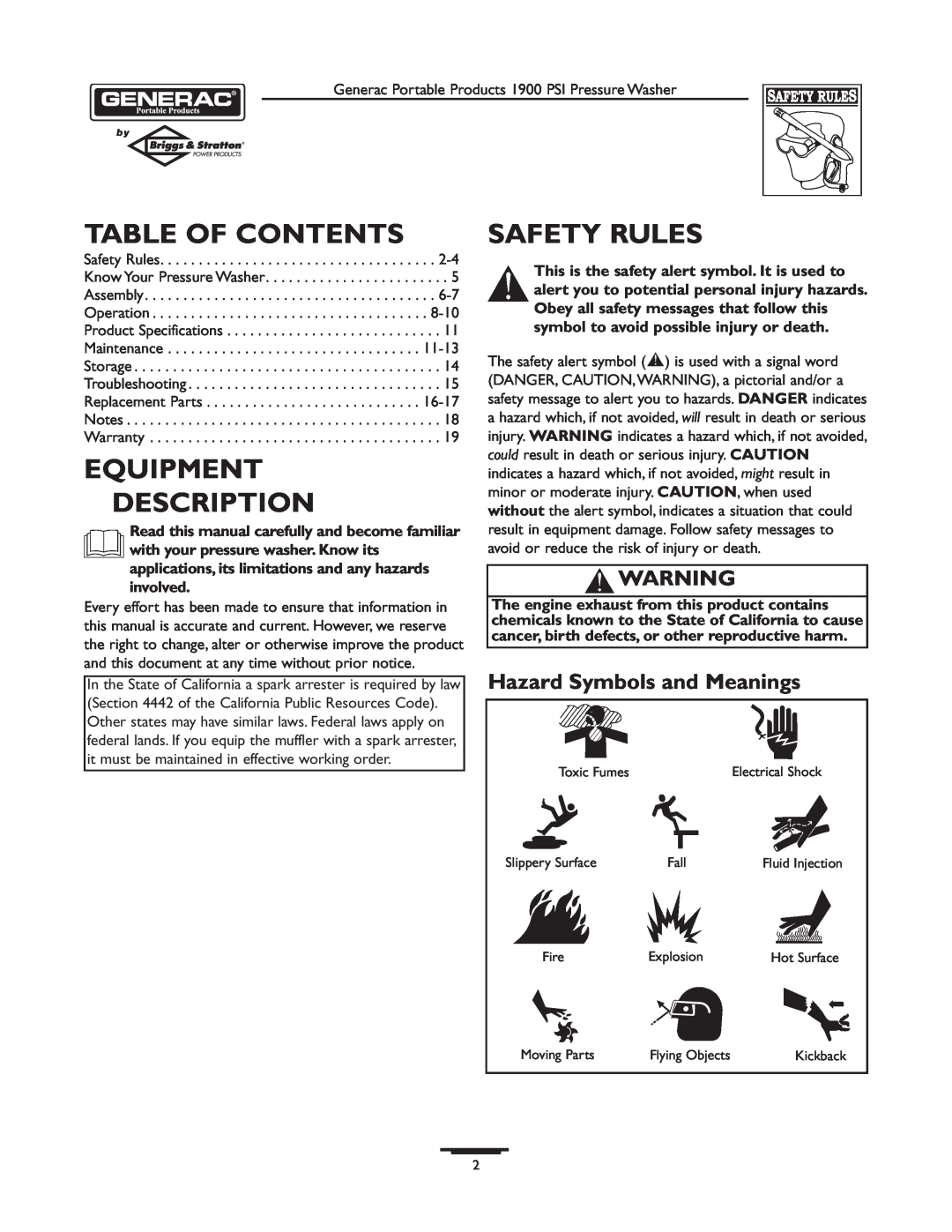 Briggs & Stratton 1900PSI owner manual Table Of Contents, Equipment Description, Safety Rules, Hazard Symbols and Meanings 