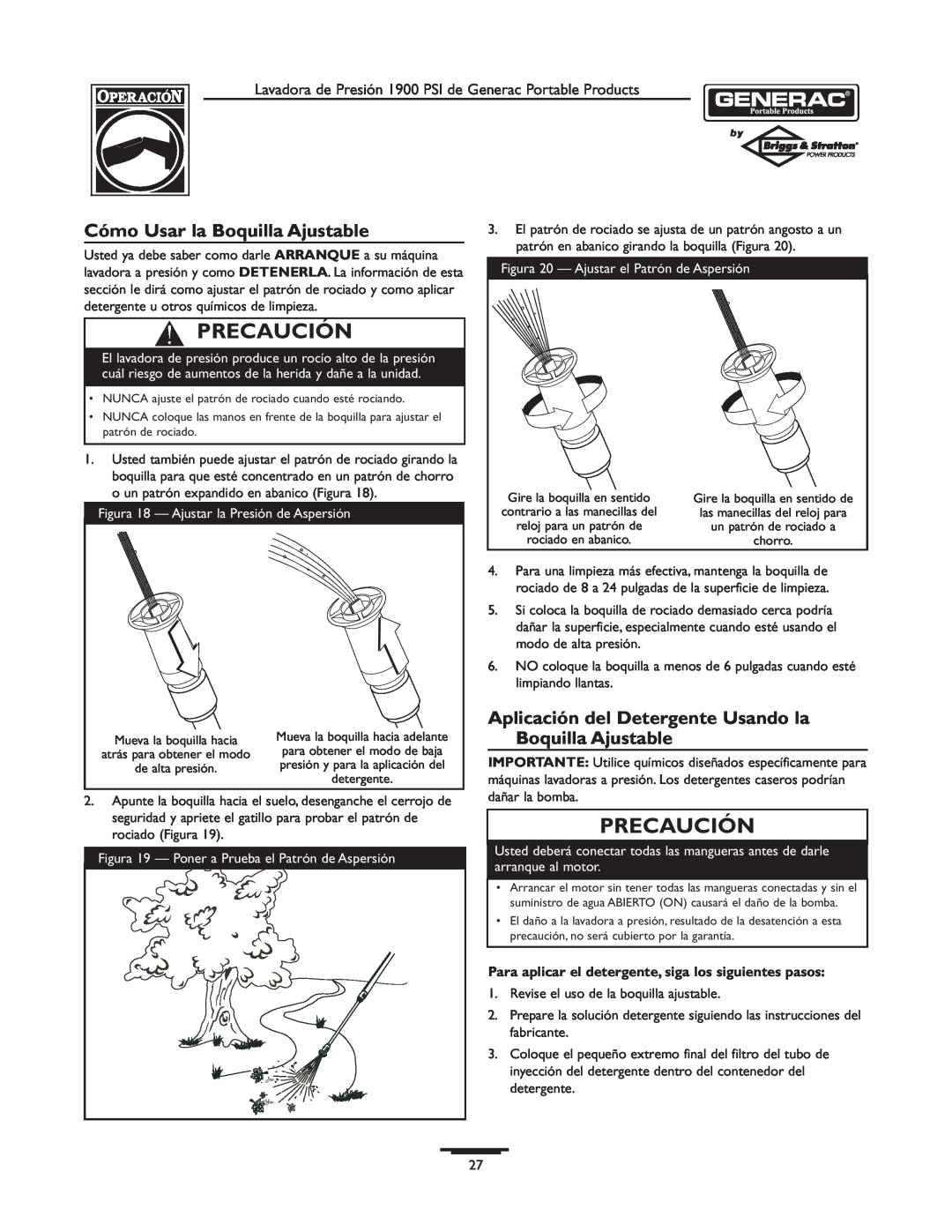 Briggs & Stratton 1900PSI owner manual Cómo Usar la Boquilla Ajustable, Precaución 