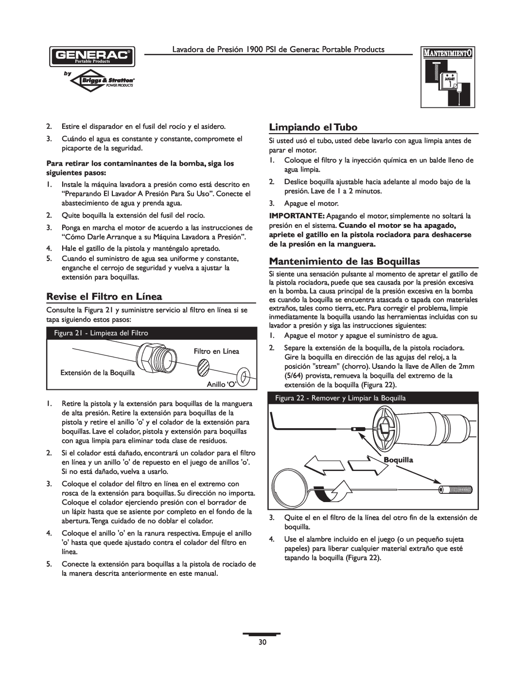 Briggs & Stratton 1900PSI owner manual Revise el Filtro en Línea, Limpiando el Tubo, Mantenimiento de las Boquillas 