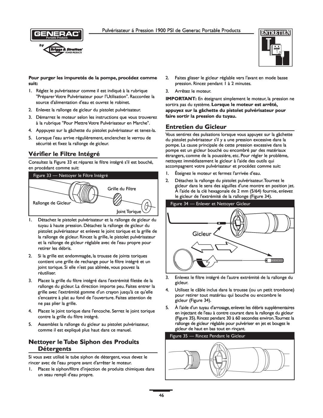 Briggs & Stratton 1900PSI owner manual Vérifier le Filtre Intégré, Entretien du Gicleur 