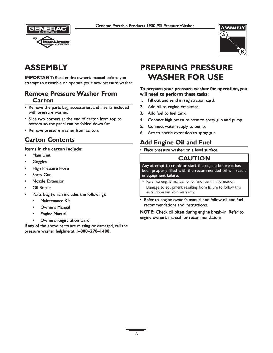 Briggs & Stratton 1900PSI Assembly, Preparing Pressure Washer For Use, Remove Pressure Washer From Carton, Carton Contents 