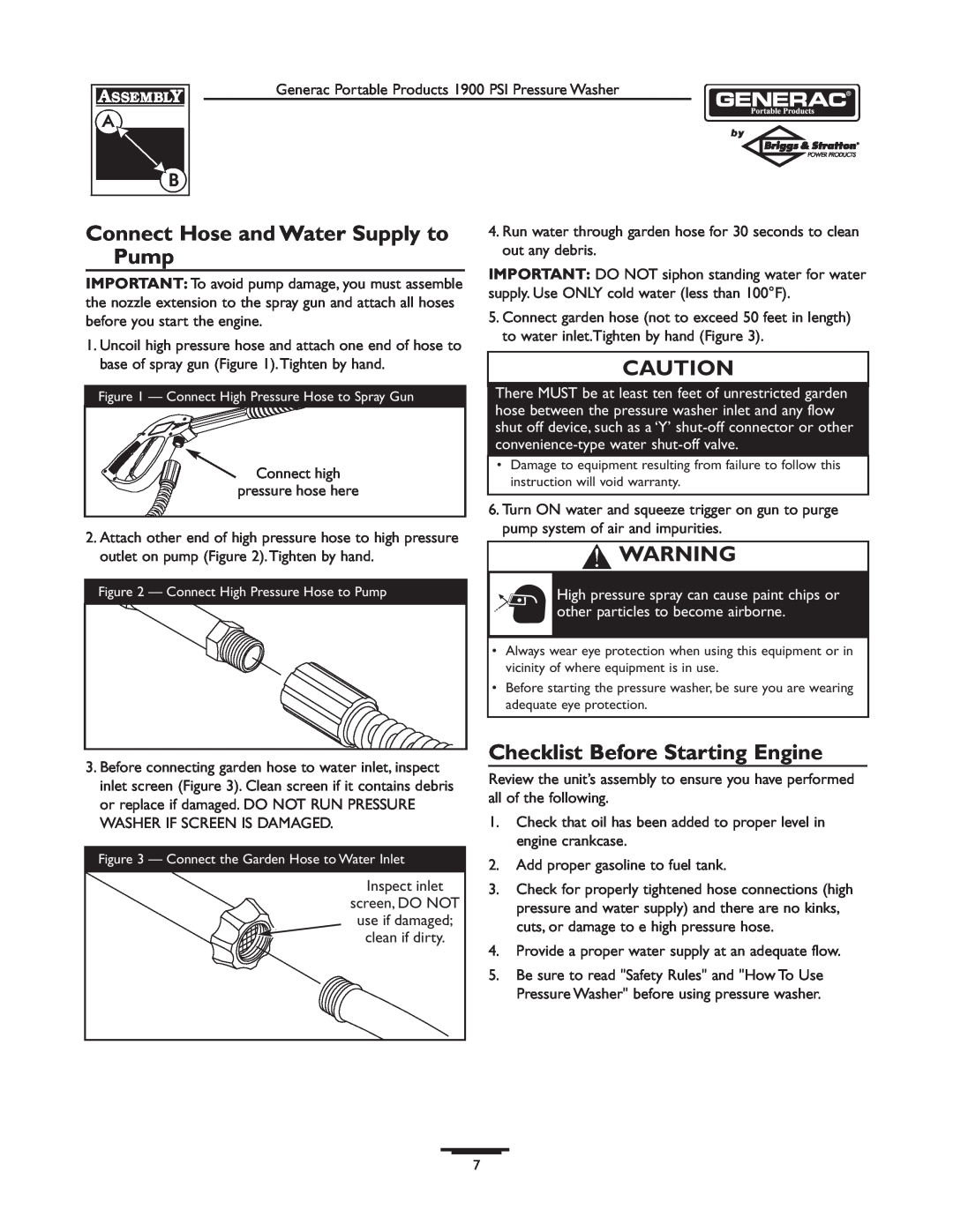 Briggs & Stratton 1900PSI owner manual Connect Hose and Water Supply to Pump, Checklist Before Starting Engine 