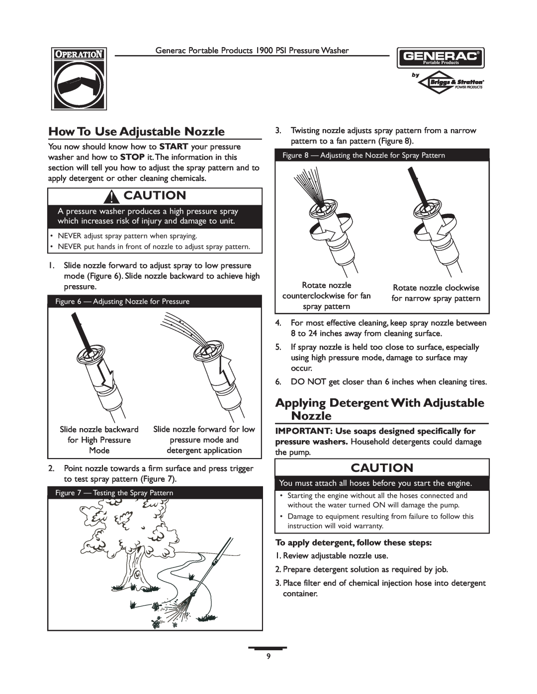 Briggs & Stratton 1900PSI owner manual How To Use Adjustable Nozzle, Applying Detergent With Adjustable Nozzle 