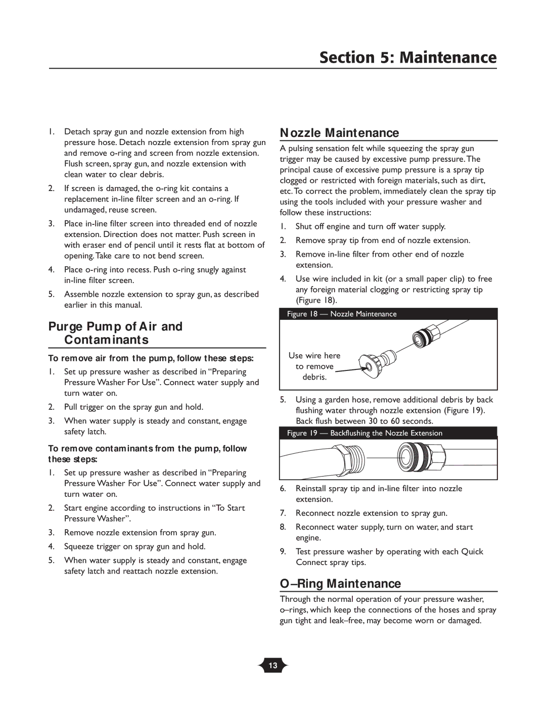 Briggs & Stratton 1903 owner manual Purge Pump of Air Contaminants, Nozzle Maintenance, Ring Maintenance 