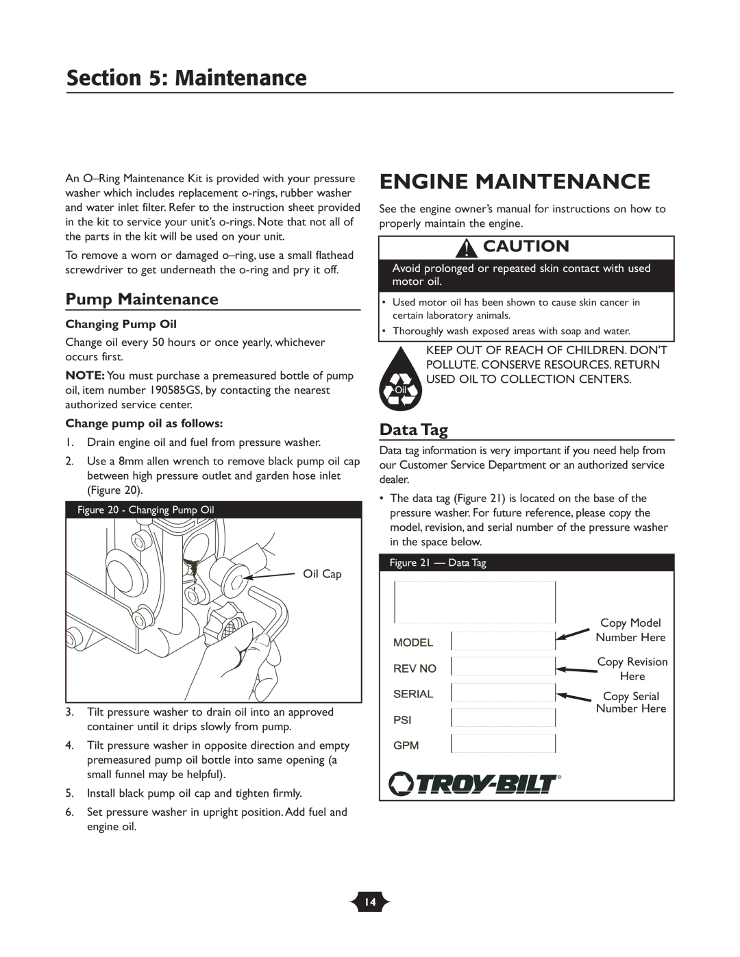 Briggs & Stratton 1903 Engine Maintenance, Pump Maintenance, Data Tag, Changing Pump Oil, Change pump oil as follows 