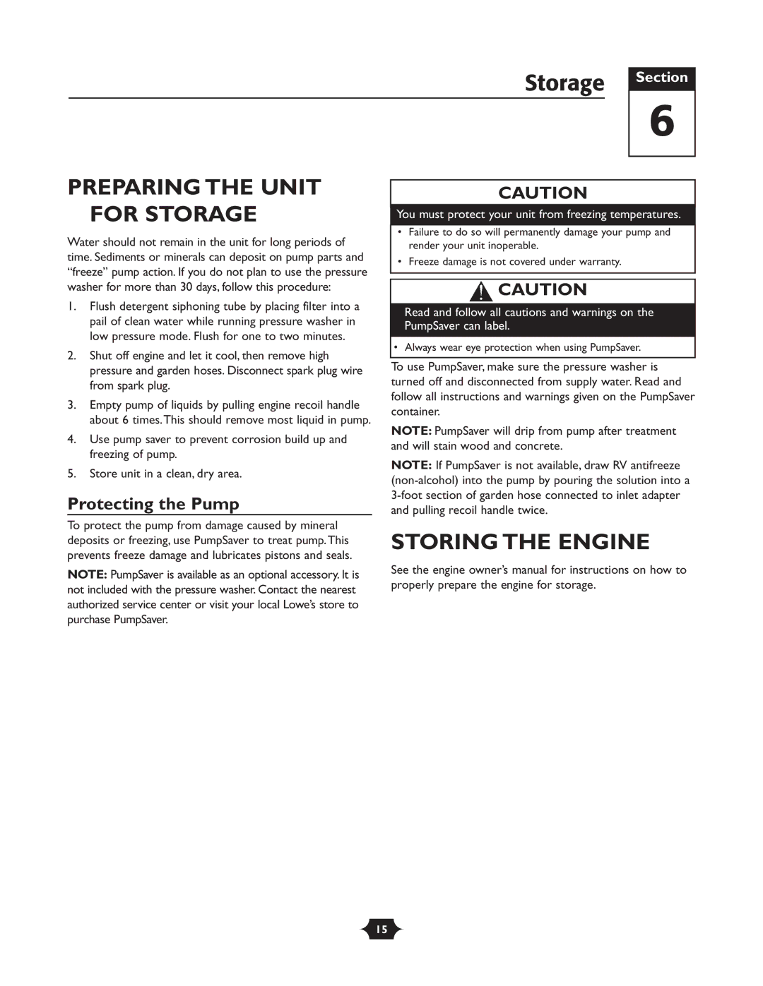 Briggs & Stratton 1903 owner manual Preparing the Unit for Storage, Storing the Engine, Protecting the Pump 