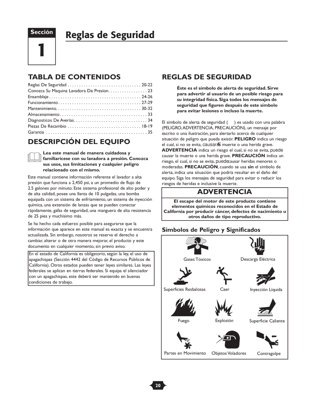 Briggs & Stratton 1903 Reglas de Seguridad, Tabla DE Contenidos, Descripción DEL Equipo, Reglas DE Seguridad, Advertencia 