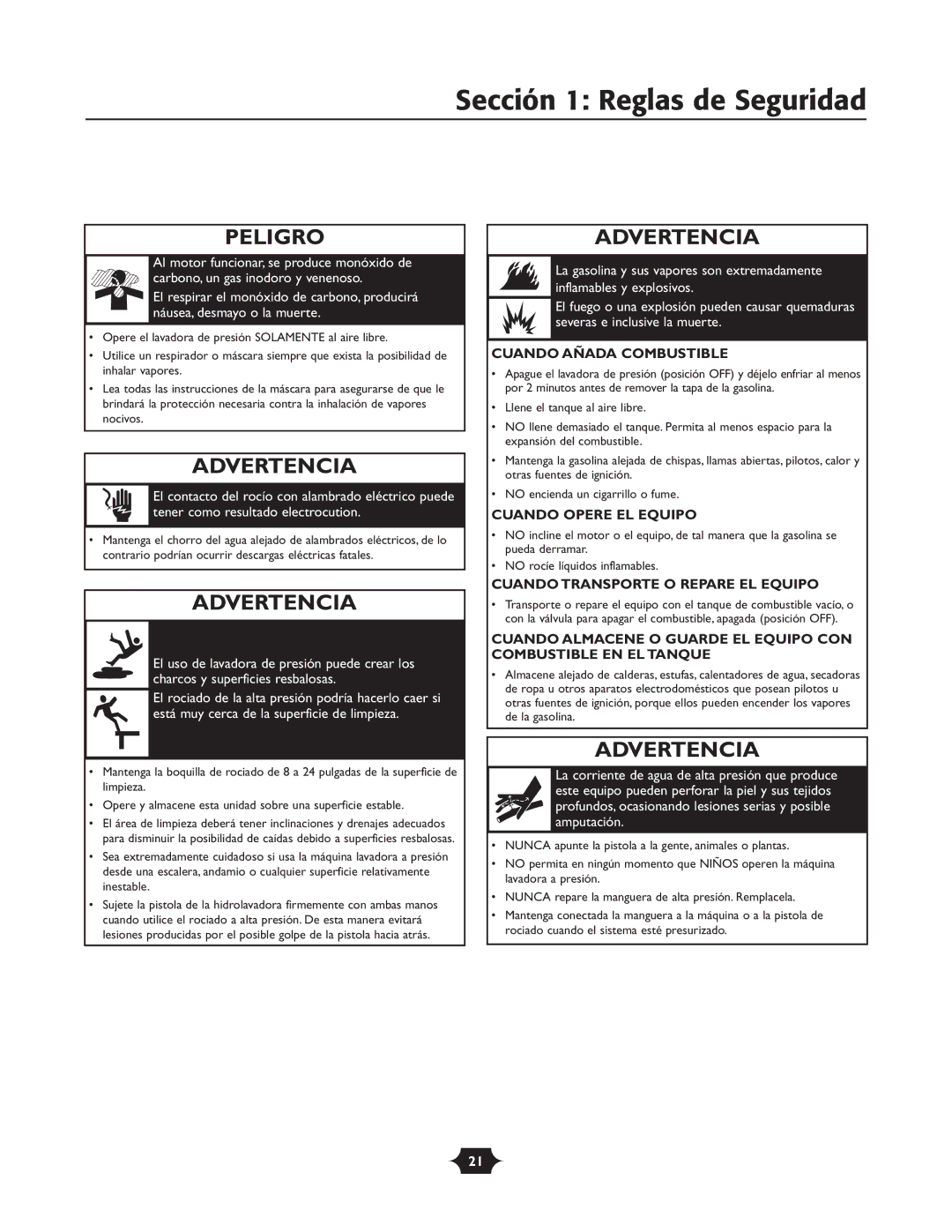 Briggs & Stratton 1903 owner manual Sección 1 Reglas de Seguridad, Peligro 