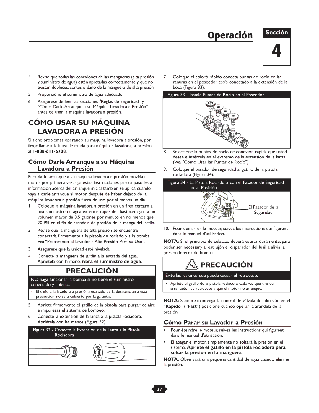 Briggs & Stratton 1903 owner manual Operación, Cómo Usar SU Máquina Lavadora a Presión, Cómo Parar su Lavador a Presión 