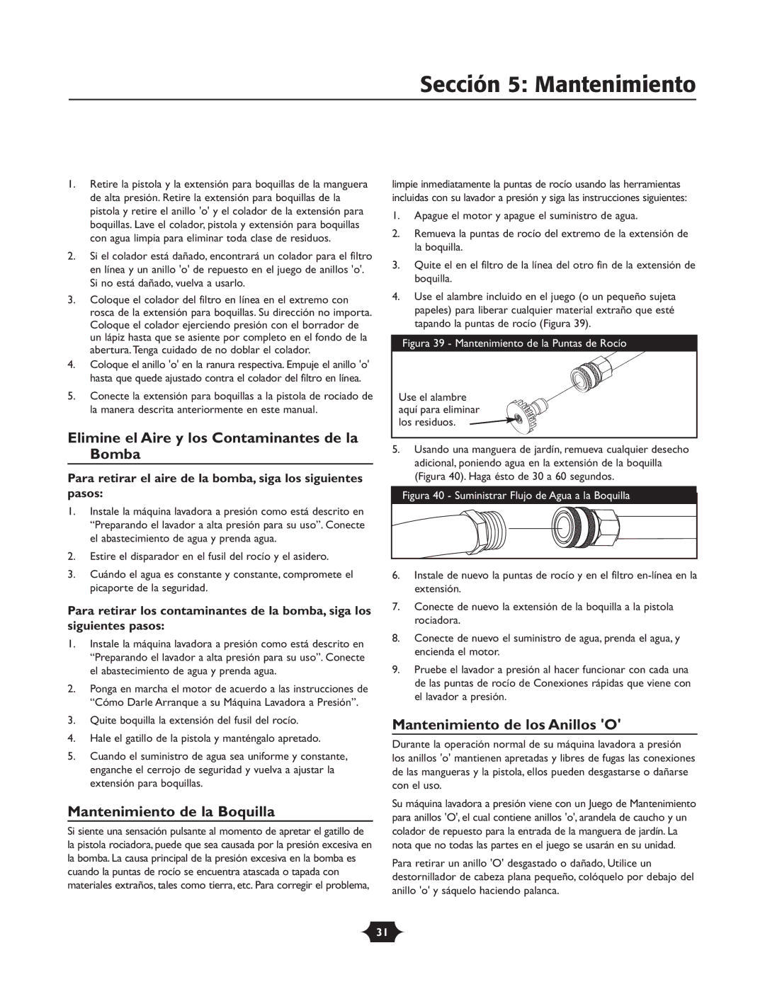 Briggs & Stratton 1903 owner manual Sección 5 Mantenimiento, Elimine el Aire y los Contaminantes de la Bomba 