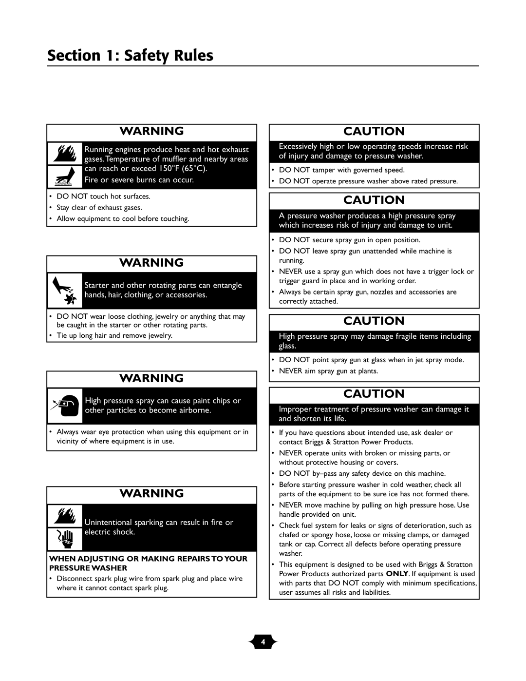 Briggs & Stratton 1903 owner manual High pressure spray may damage fragile items including glass 