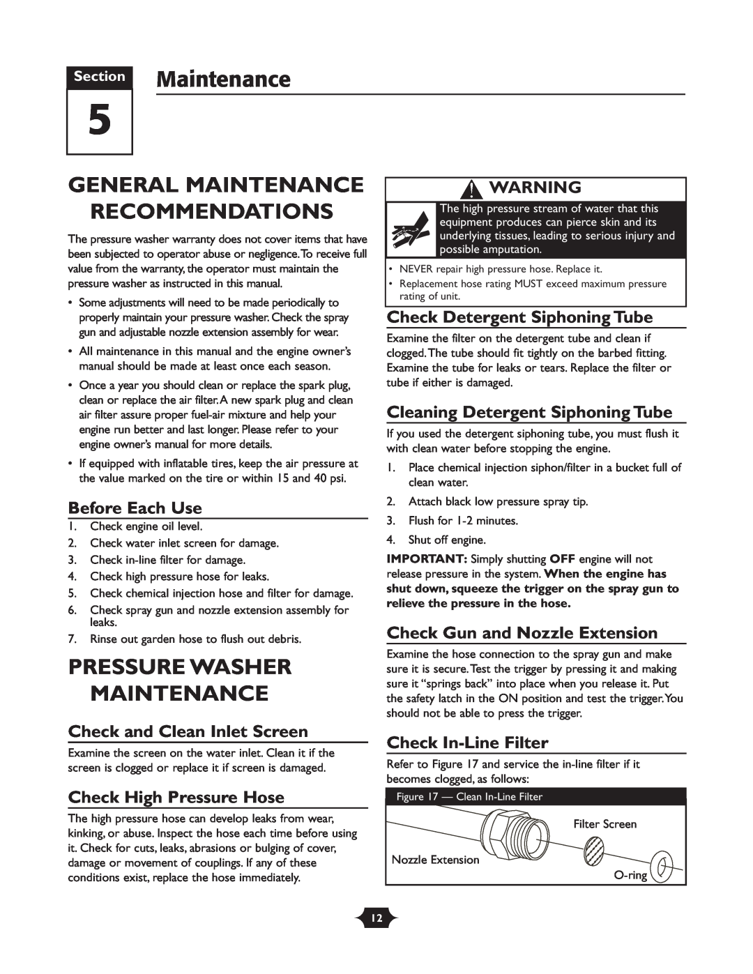 Briggs & Stratton 1903 owner manual Section Maintenance, General Maintenance Recommendations, Pressure Washer Maintenance 