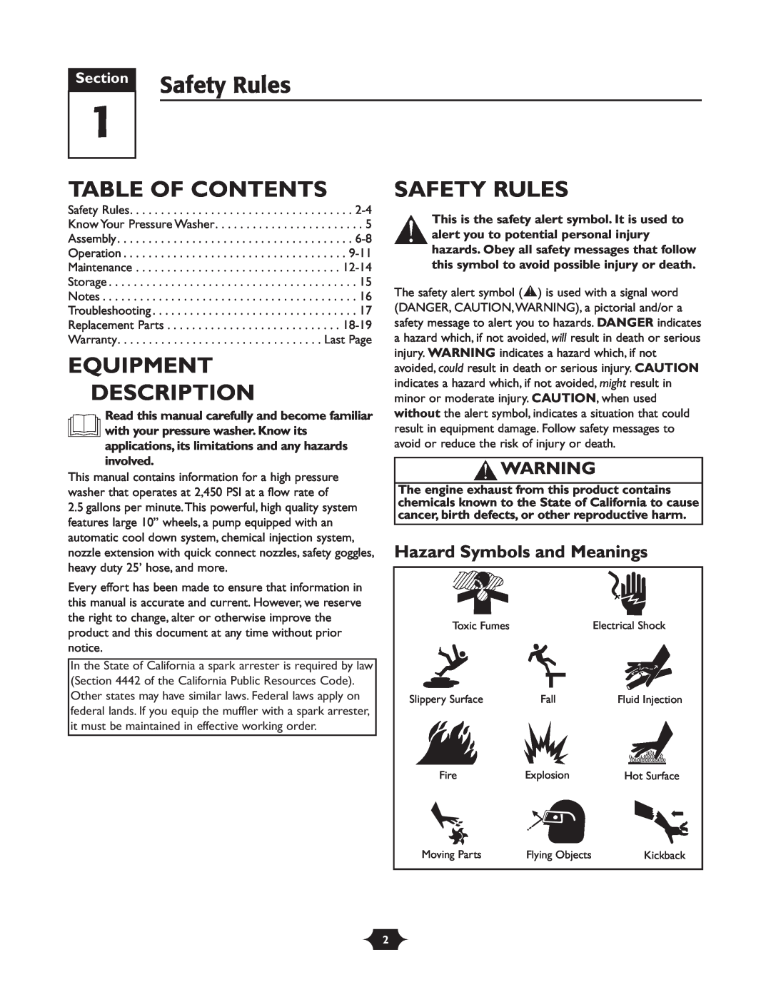 Briggs & Stratton 1903 Safety Rules, Table Of Contents, Equipment Description, Hazard Symbols and Meanings, Section 
