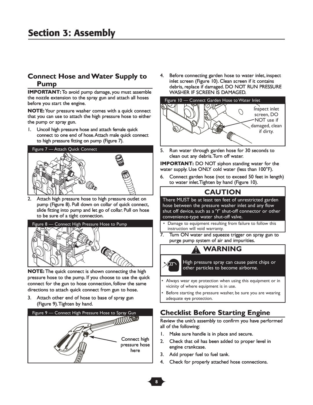 Briggs & Stratton 1903 owner manual Connect Hose and Water Supply to Pump, Checklist Before Starting Engine, Assembly 