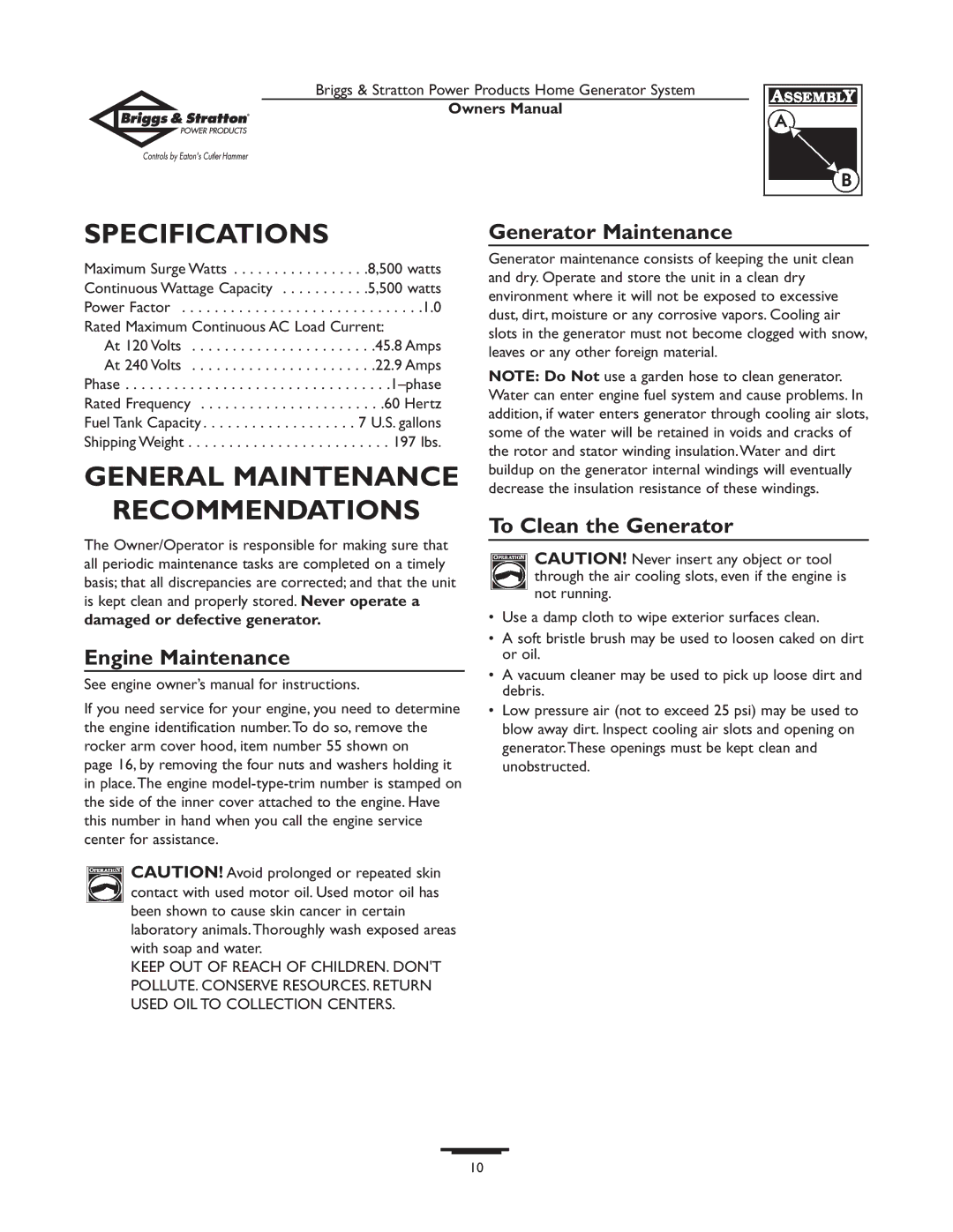 Briggs & Stratton 190477GS owner manual Specifications, General Maintenance, Recommendations 