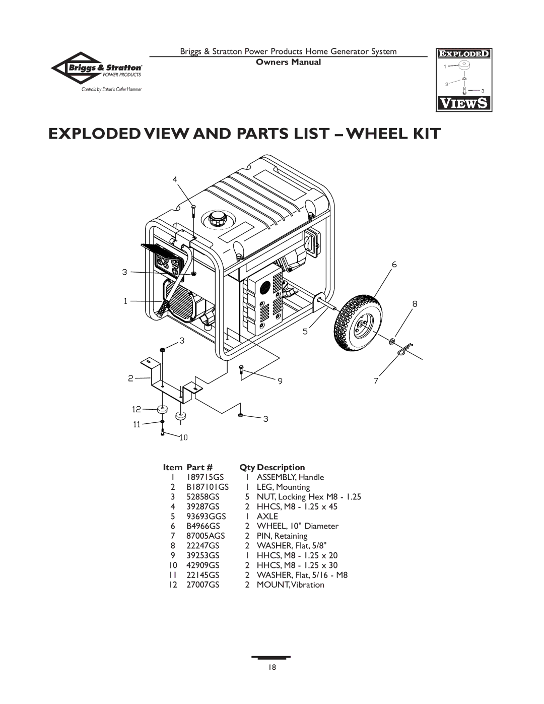 Briggs & Stratton 190477GS owner manual Exploded View and Parts List Wheel KIT, NUT, Locking Hex M8 