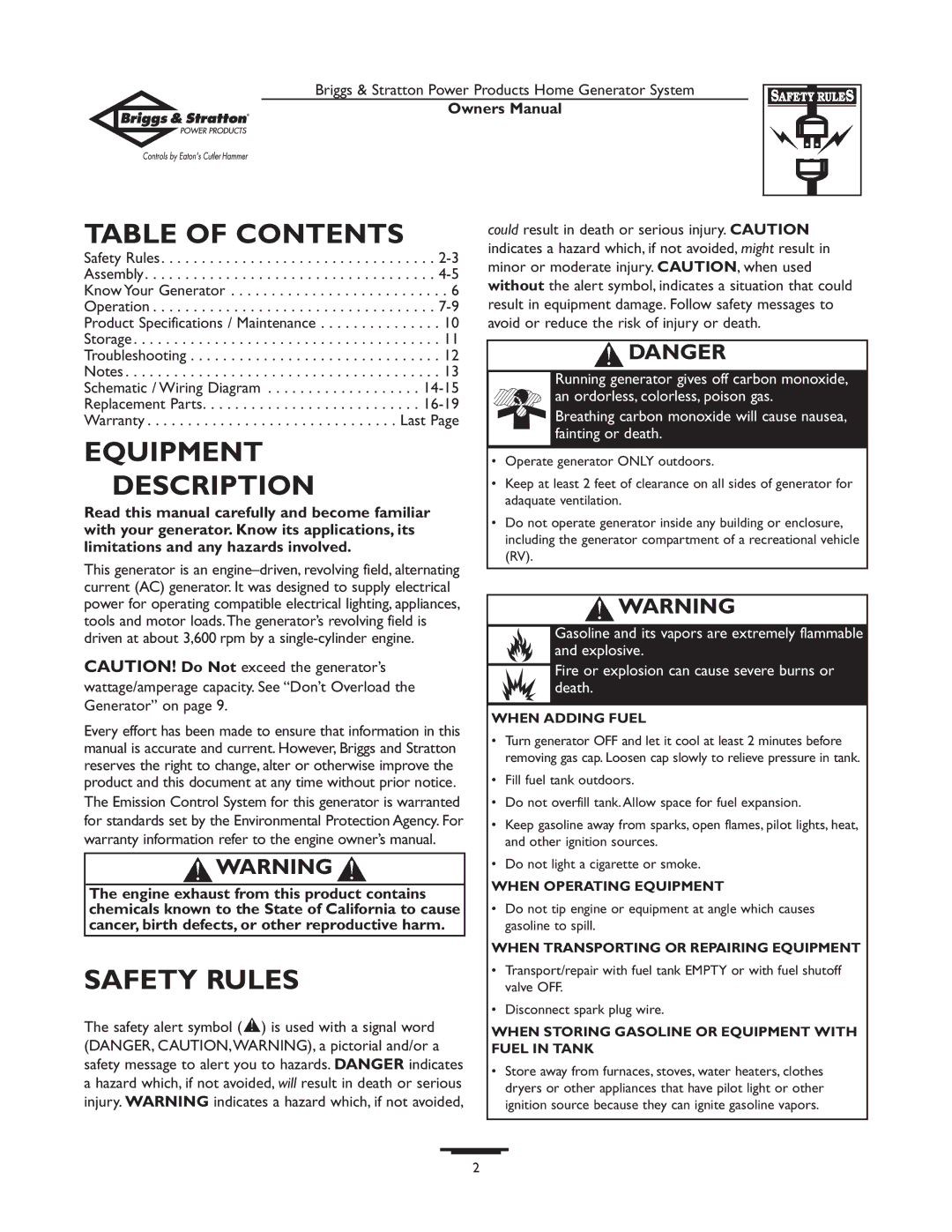 Briggs & Stratton 190477GS owner manual Table of Contents, Equipment Description, Safety Rules 