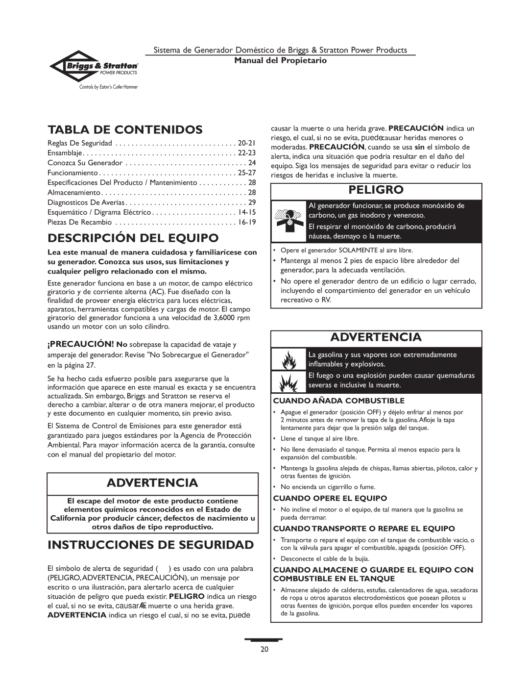 Briggs & Stratton 190477GS Tabla DE Contenidos, Descripción DEL Equipo, Peligro, Advertencia, Instrucciones DE Seguridad 