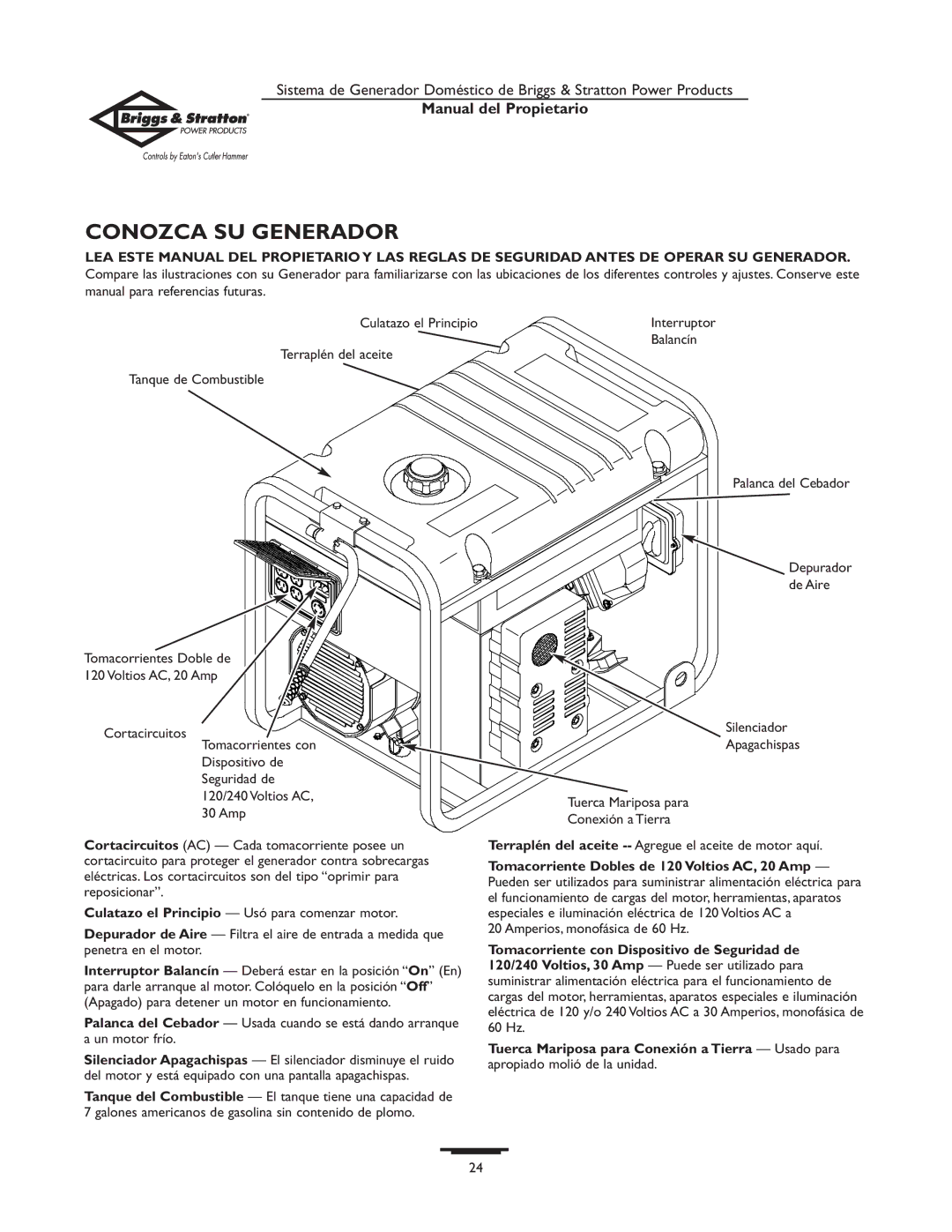 Briggs & Stratton 190477GS owner manual Conozca SU Generador, Amperios, monofásica de 60 Hz 