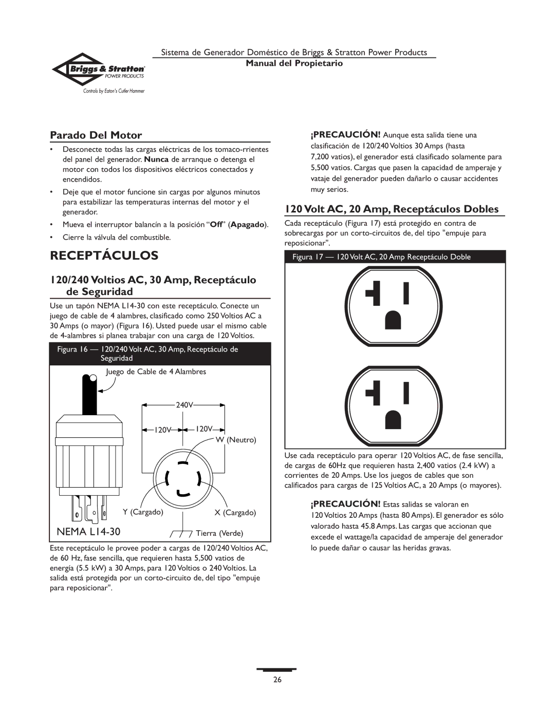 Briggs & Stratton 190477GS owner manual Parado Del Motor, Volt AC, 20 Amp, Receptáculos Dobles 