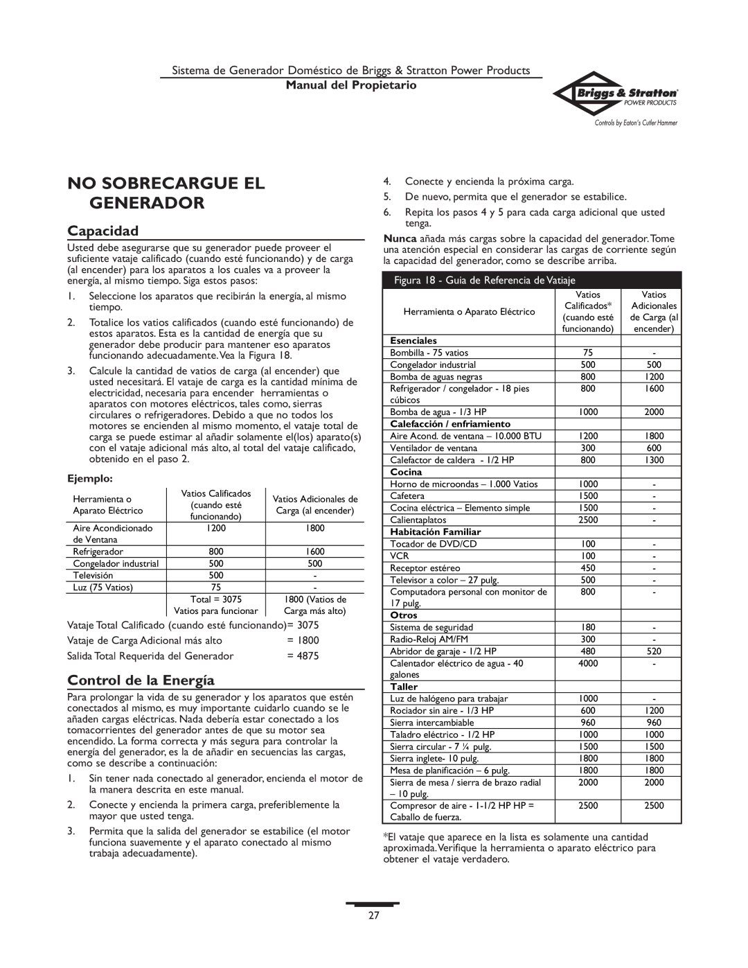 Briggs & Stratton 190477GS owner manual No Sobrecargue EL Generador, Capacidad, Control de la Energía, Ejemplo 