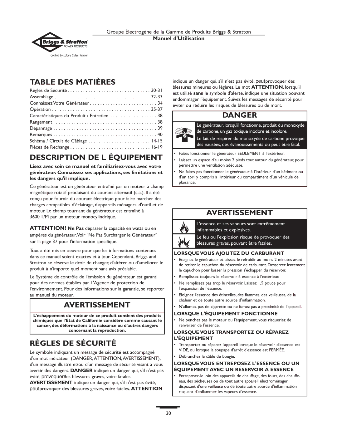 Briggs & Stratton 190477GS owner manual Table DES Matières, Description DE L Équipement, Avertissement, Règles DE Sécurité 