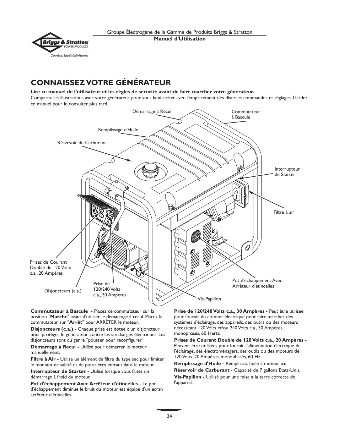 Briggs & Stratton 190477GS owner manual Connaissez Votre Générateur, Bascule, Disjoncteurs c.a 