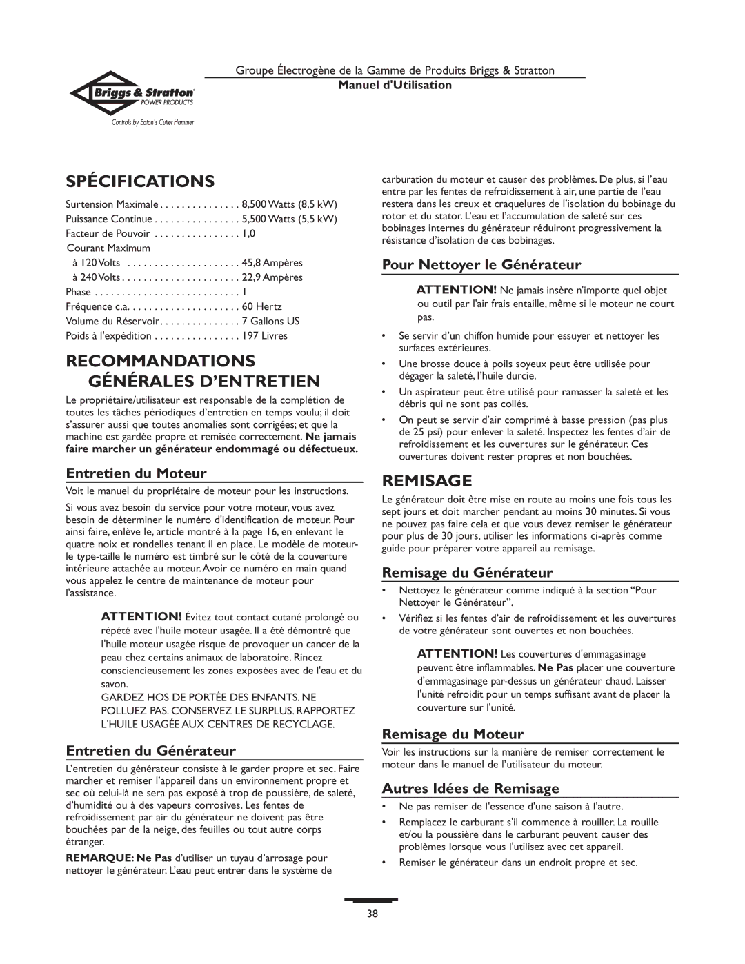 Briggs & Stratton 190477GS owner manual Spécifications, Recommandations Générales D’ENTRETIEN, Remisage 