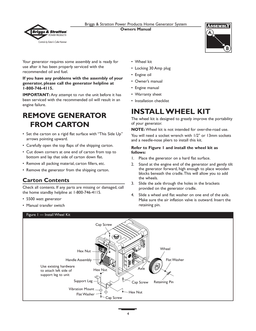 Briggs & Stratton 190477GS owner manual Remove Generator from Carton Install Wheel KIT, Carton Contents 