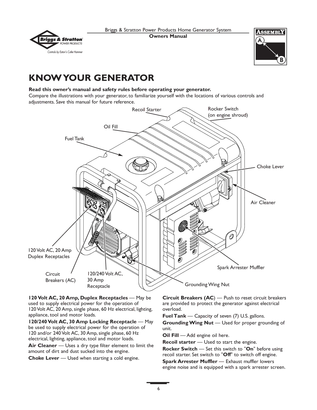 Briggs & Stratton 190477GS owner manual Know Your Generator, Spark Arrester Muffler 