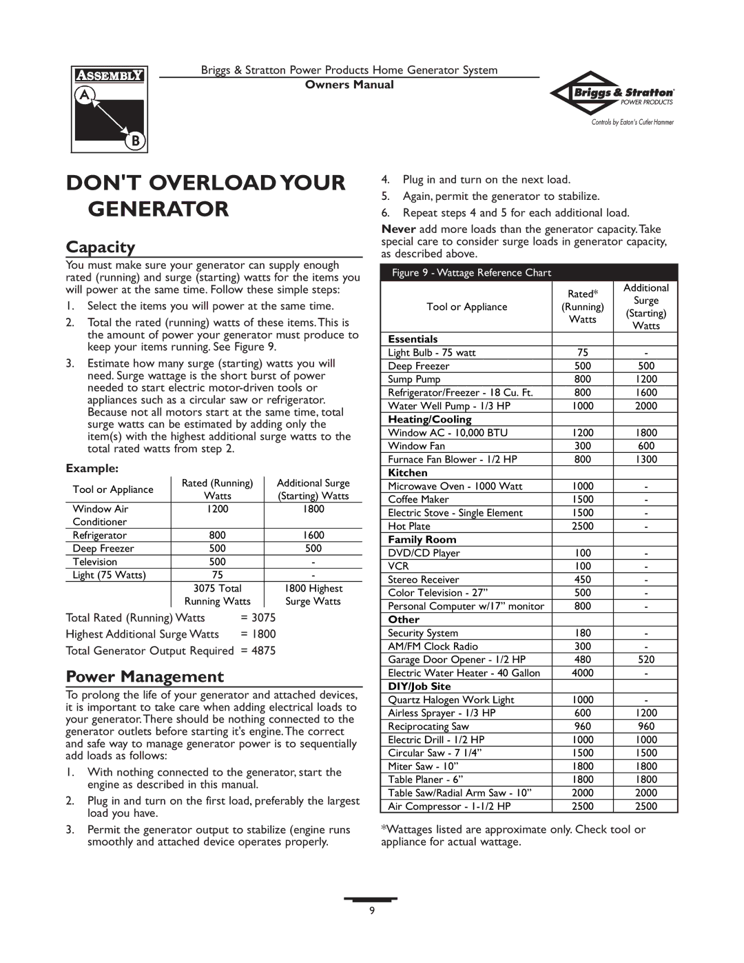 Briggs & Stratton 190477GS owner manual Dont Overload Your Generator, Capacity, Power Management, Example 