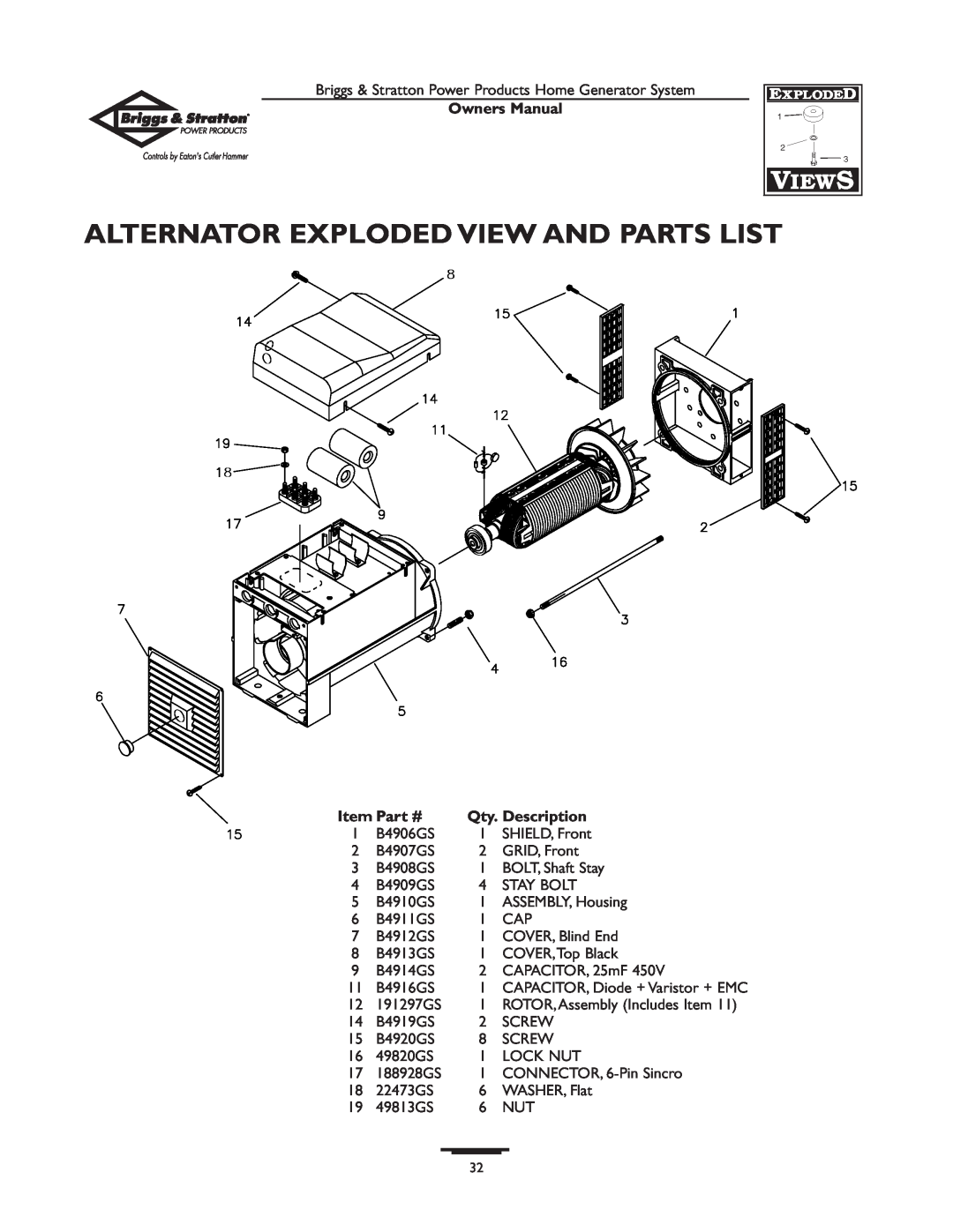 Briggs & Stratton 190839GS owner manual Alternator Exploded View And Parts List, Owners Manual, Qty. Description 