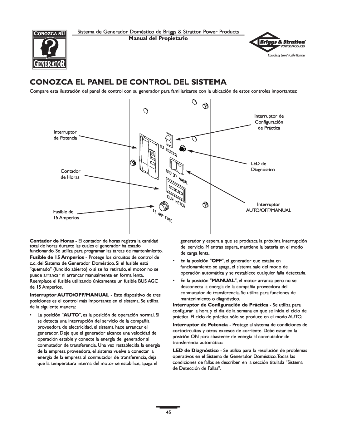 Briggs & Stratton 190839GS owner manual Conozca El Panel De Control Del Sistema, Manual del Propietario 