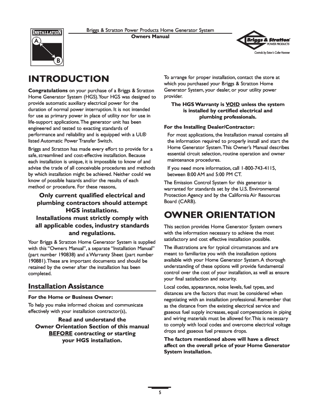 Briggs & Stratton 190839GS owner manual Introduction, Owner Orientation, Installation Assistance 