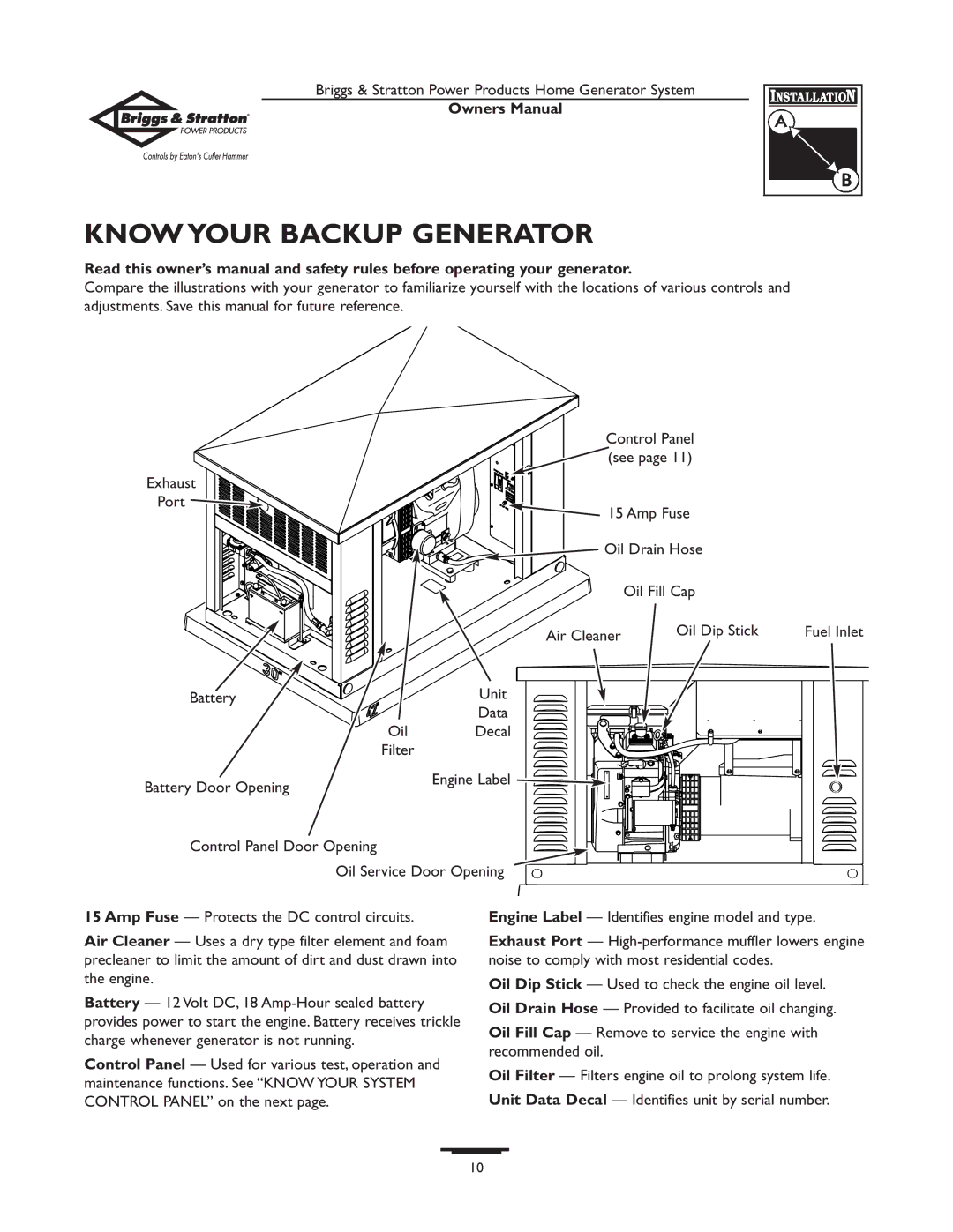 Briggs & Stratton 190839GS owner manual Know Your Backup Generator 