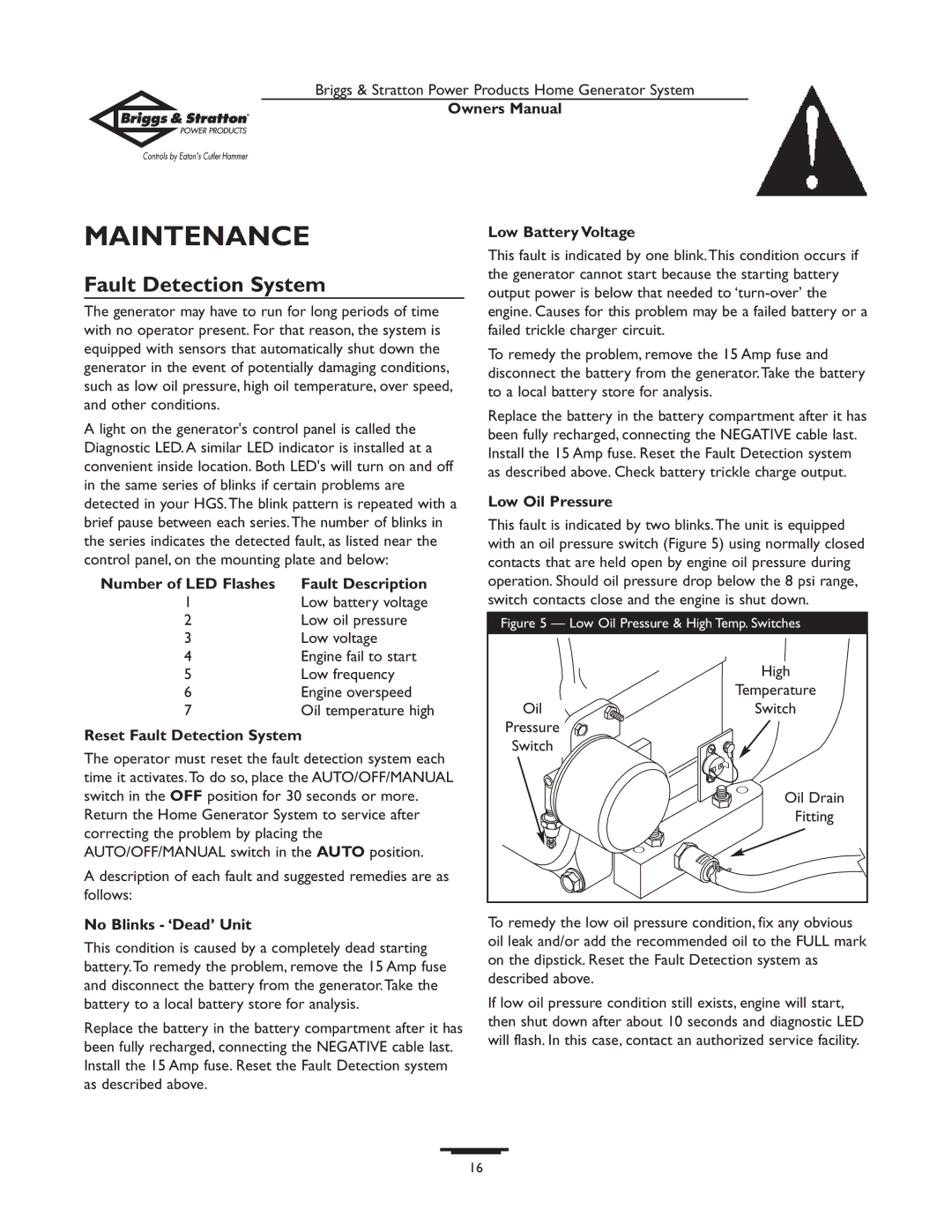 Briggs & Stratton 190839GS owner manual Maintenance, Fault Detection System 